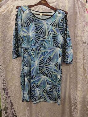 Perseption Blue Multi-Color Geometric Midi Dress